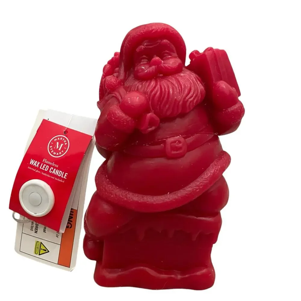 Martha Stewart Santa Flameless Christmas Internal Glow Wax LED Candle Red New